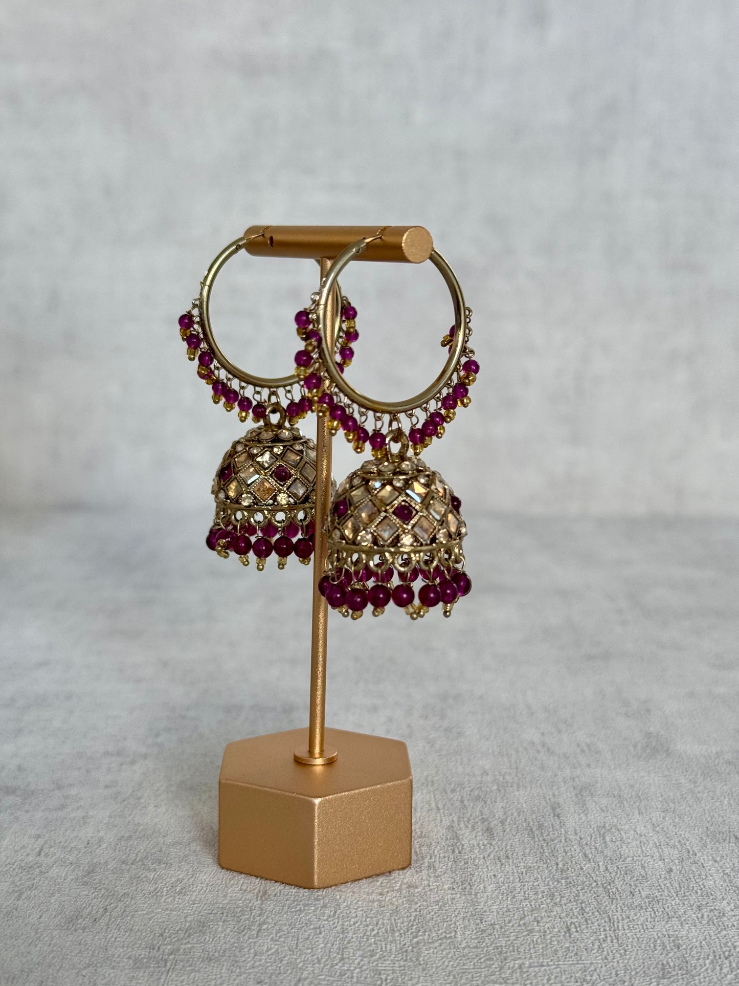 Ayura Designs Jugni Bali Jhumkas – Antique Gold with Royal Blue Beads