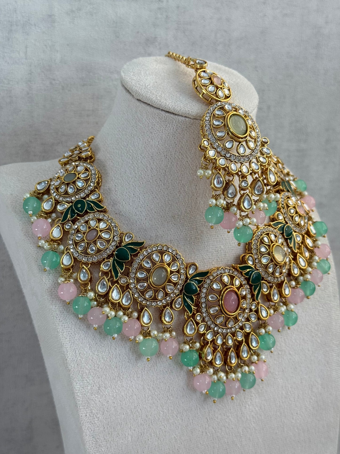 Ayura Designs Zara Set with Necklace, Earrings, Tikka & Passa – Antique Gold with Kundan Detailing & Mint Green & Blush Pink Beads