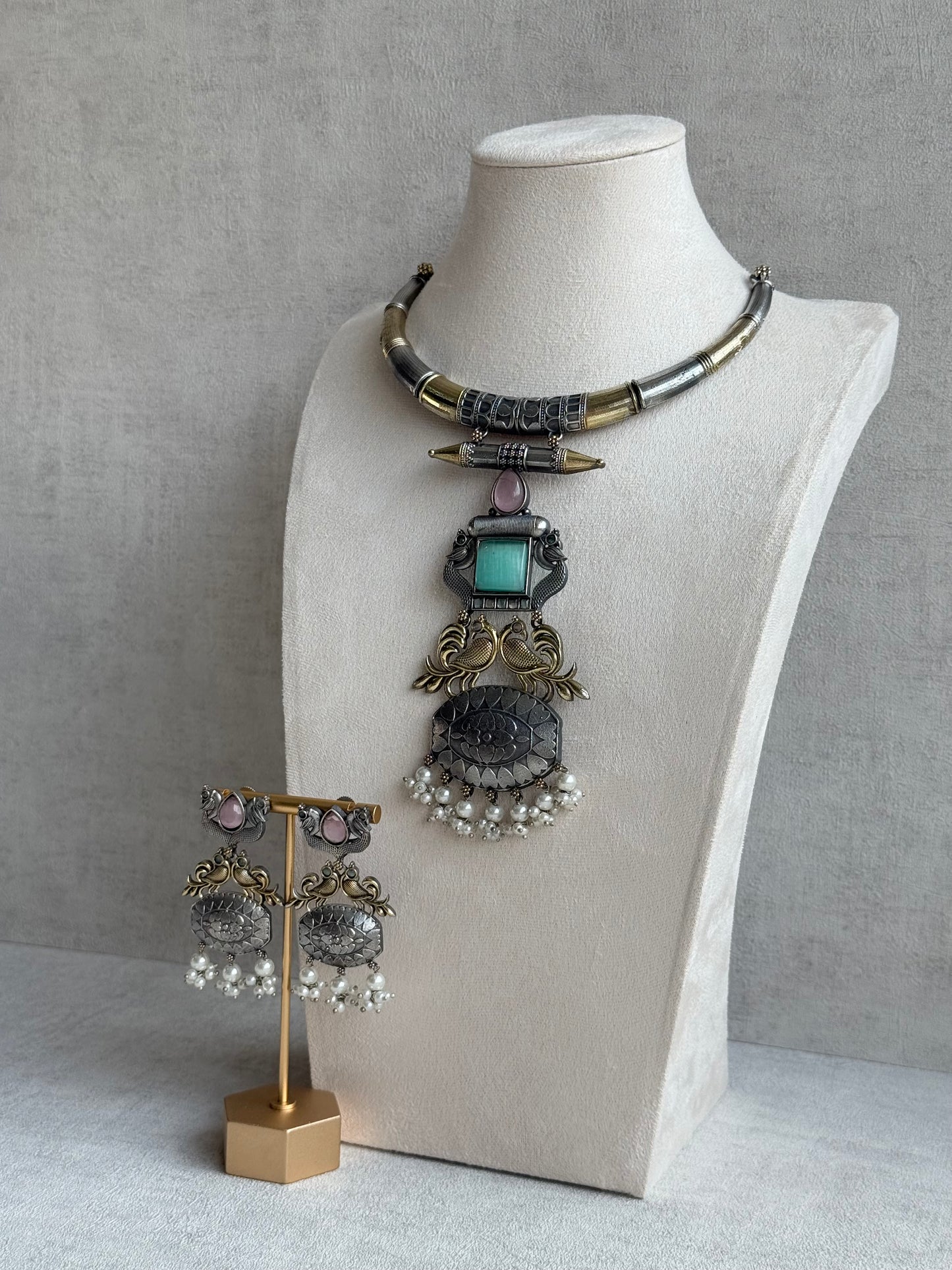 Ayura Designs Tansen Necklace Set with Earrings – Dual Tone Oxidised Necklace with Bird Motifs, Aqua Centre Stone & Pearl Detailing