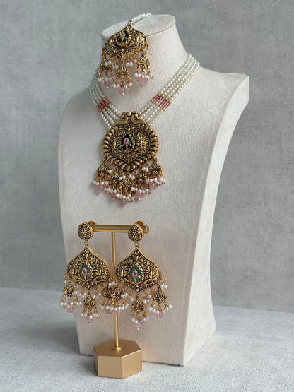 Ayura Designs Afia Necklace Set with Earrings & Tikka – Antique Gold, Blush Pink Pearls, Green Centre Stone & Peacock Motifs