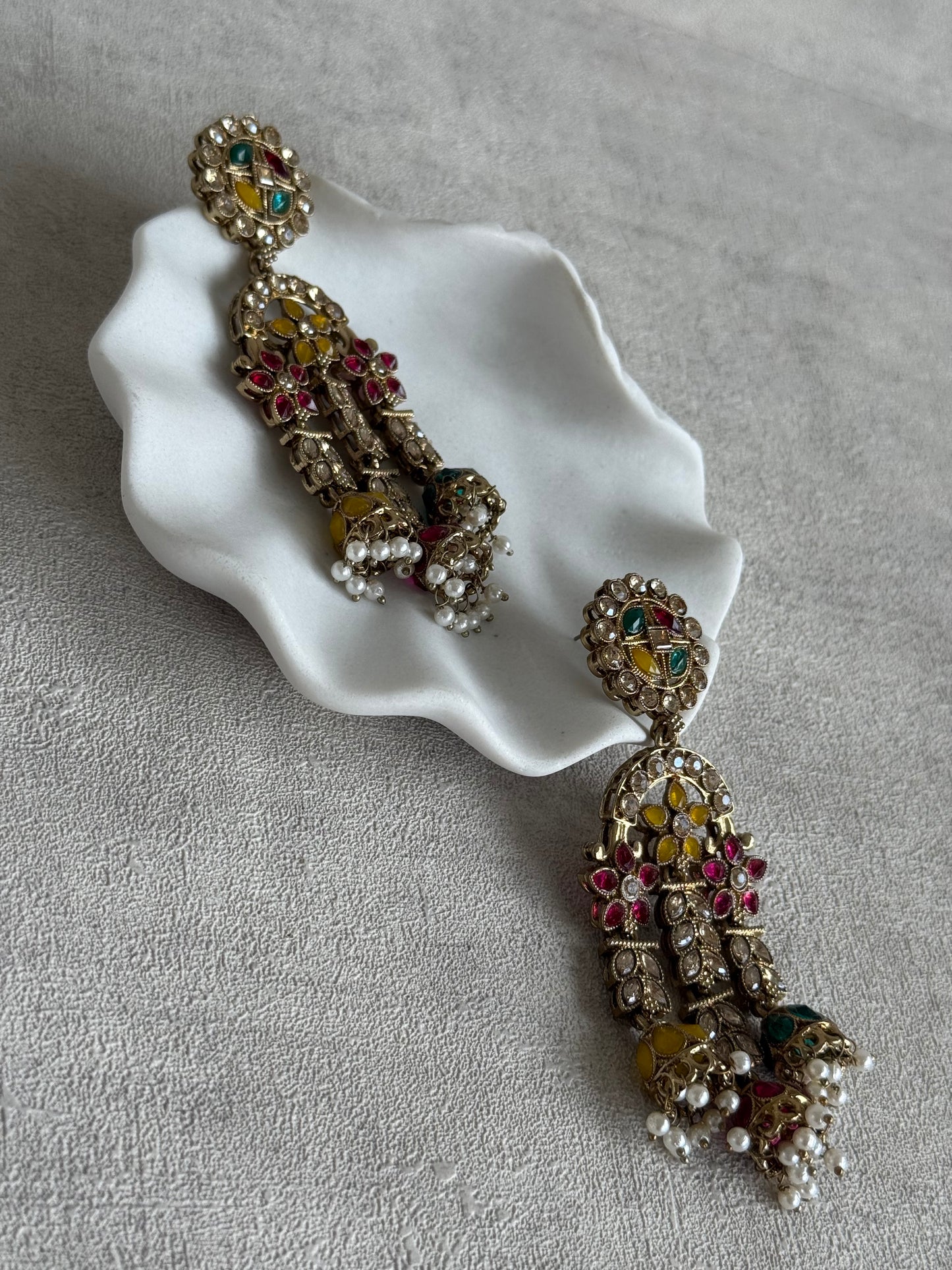 Ayura Designs Soraya Earrings – Multicolour Stones, Champagne Crystals, Pearl Detailing & Gold Finish