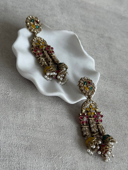Ayura Designs Soraya Earrings – Multicolour Stones, Champagne Crystals, Pearl Detailing & Gold Finish