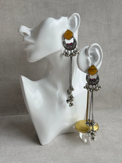 Ayura Designs Zarfa Earrings – Oxidised Earrings with Amber Stones, Hanging Ghungroo Chains & Crescent Detailing