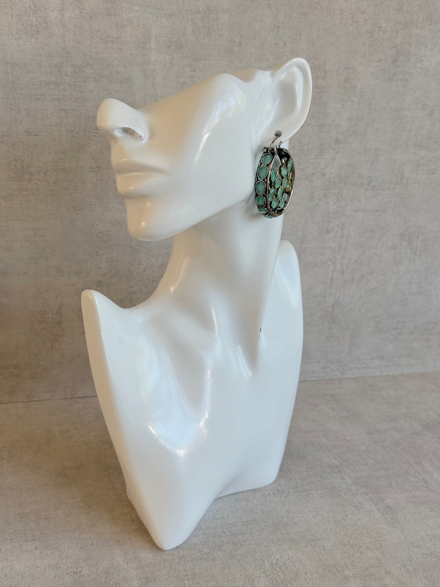 Ayura Designs Nureh Earrings – Dual Tone Floral Hoop Earrings with Mint Green Stones & Cutwork Detailing