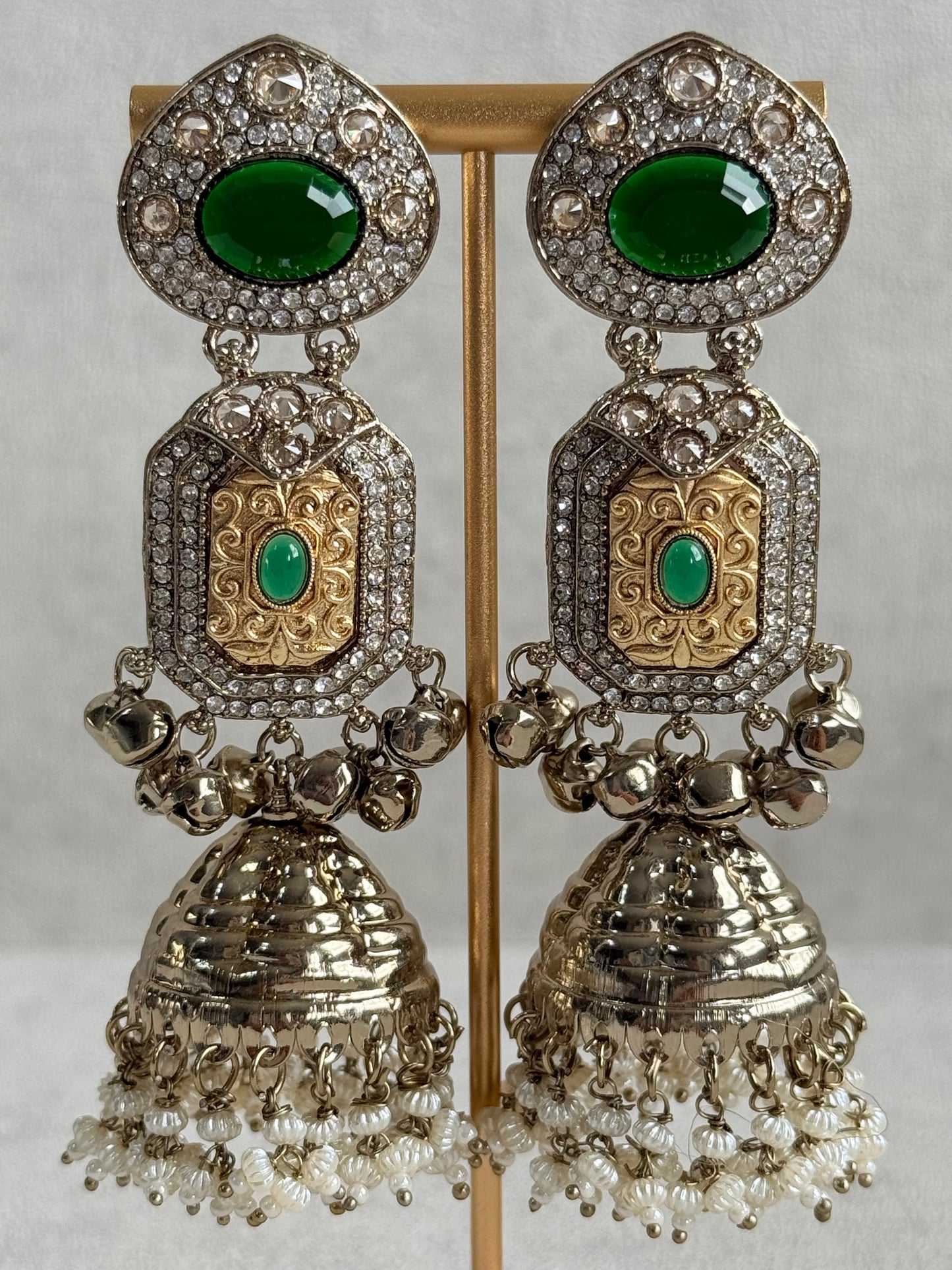 Ayura Designs Maara Jhumkis – Champagne Gold with Emerald Green Stones, Crystals, Ghungroos & Pearl Detailing