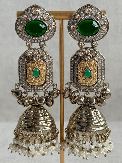 Ayura Designs Maara Jhumkis – Champagne Gold with Emerald Green Stones, Crystals, Ghungroos & Pearl Detailing