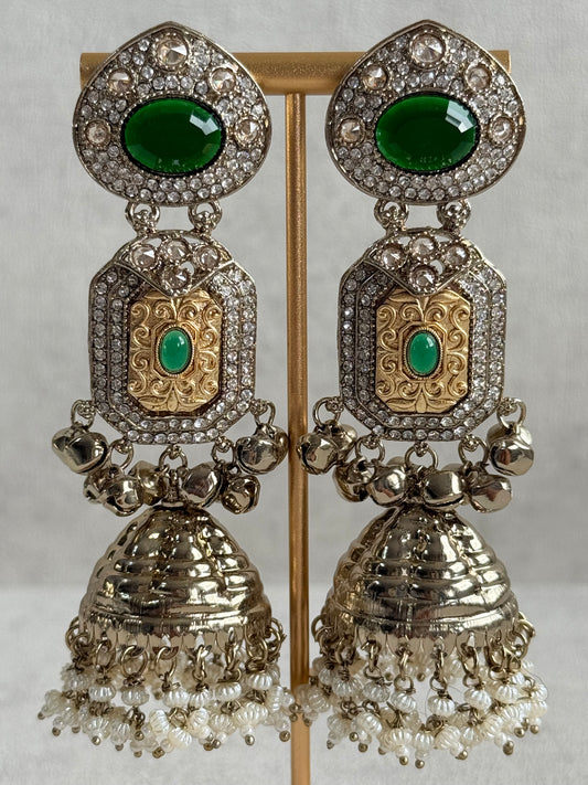 Ayura Designs Maara Jhumkis – Champagne Gold with Emerald Green Stones, Crystals, Ghungroos & Pearl Detailing