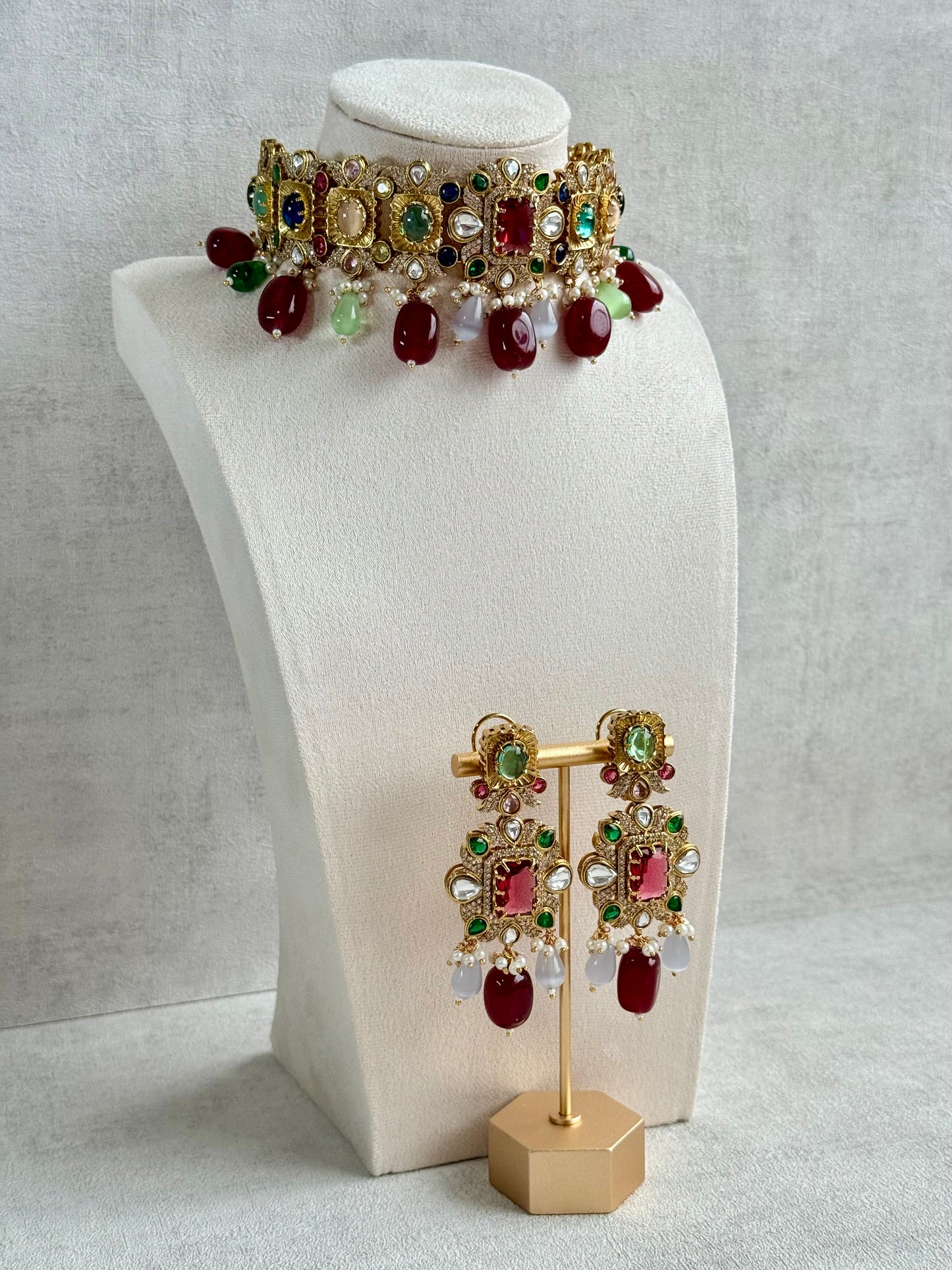 Ayura Designs Hazel Choker Set with Earrings – Multicolour Crystals & Ruby Drop Beads