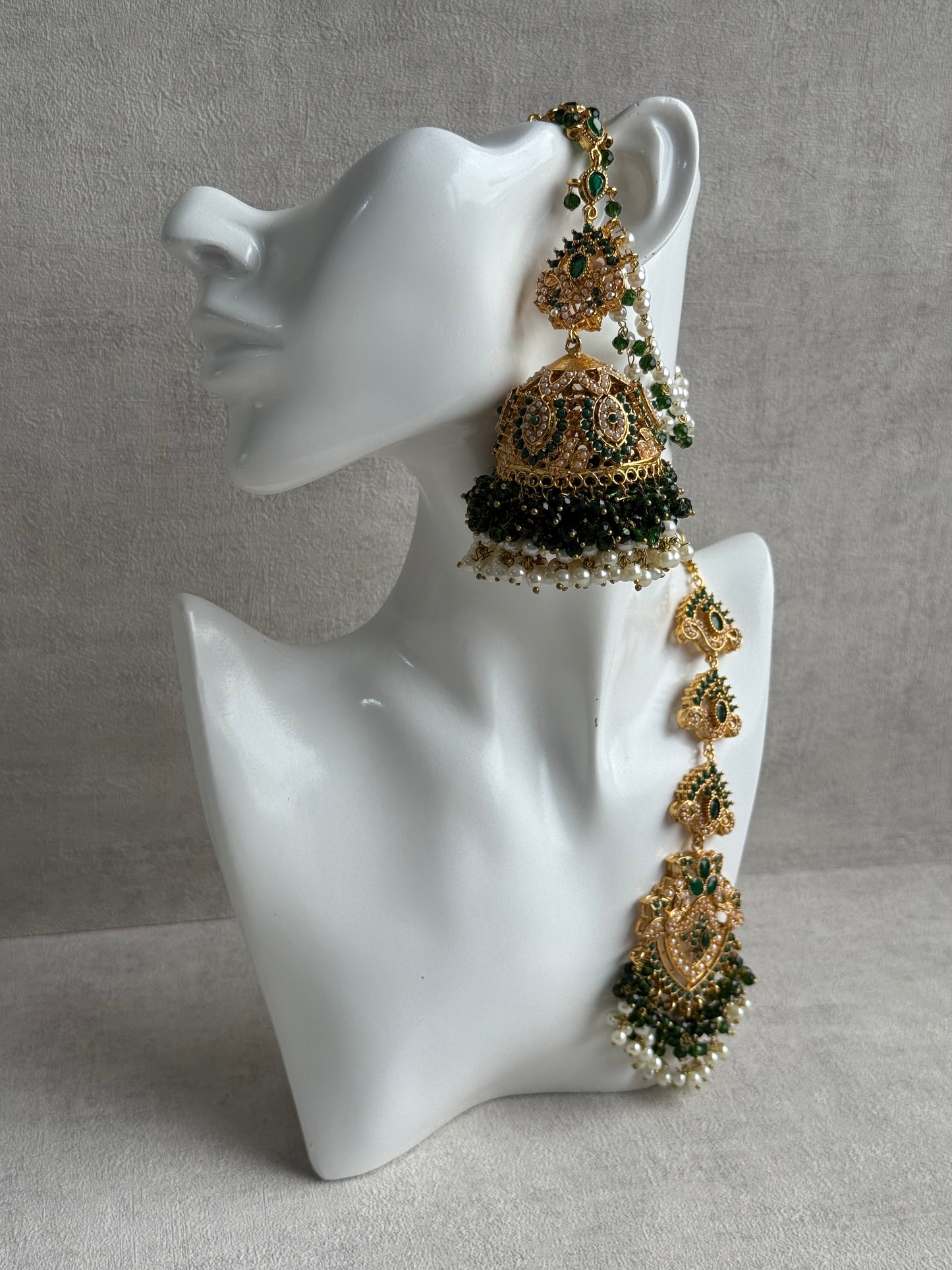Ayura Designs Safia Tikka Set with Sahare Earrings – Emerald Green Beads & Champagne Crystals