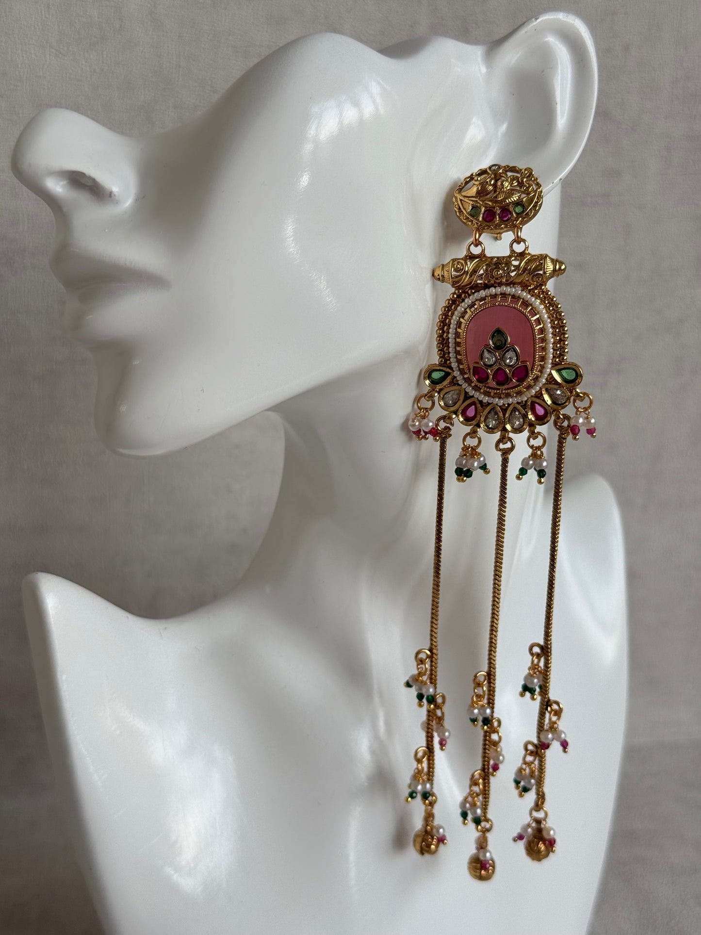 Ayura Designs Kaveri Earrings – Gold Long Chain Drop Earrings with Kundan, Pearls & Ghungroo Detailing – Rose Pink