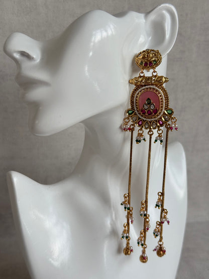Ayura Designs Kaveri Earrings – Gold Long Chain Drop Earrings with Kundan, Pearls & Ghungroo Detailing – Rose Pink