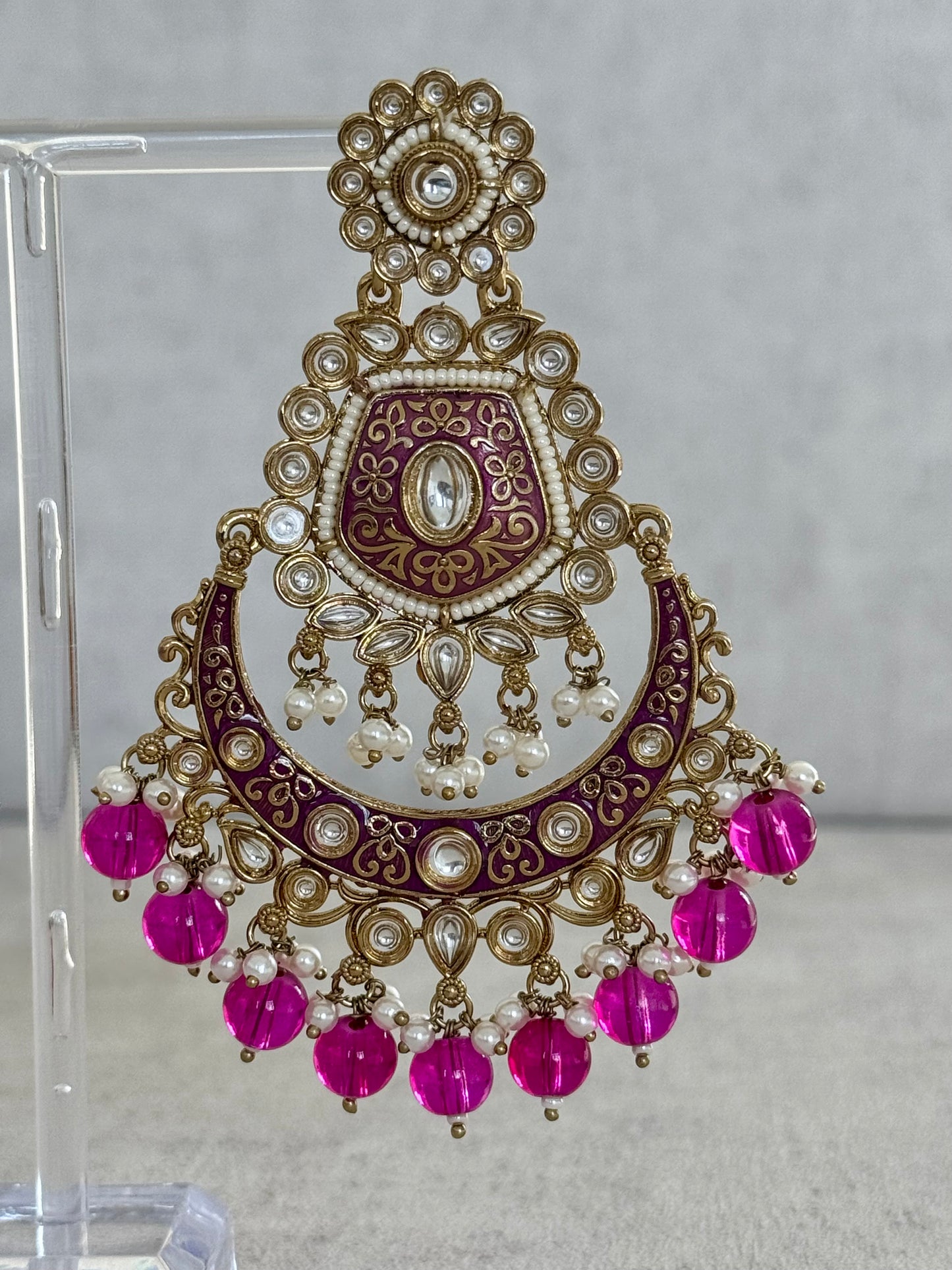 Ayura Designs Safa Antique Gold-Plated Chandbali Earrings with Pearl and Pink Bead Accents