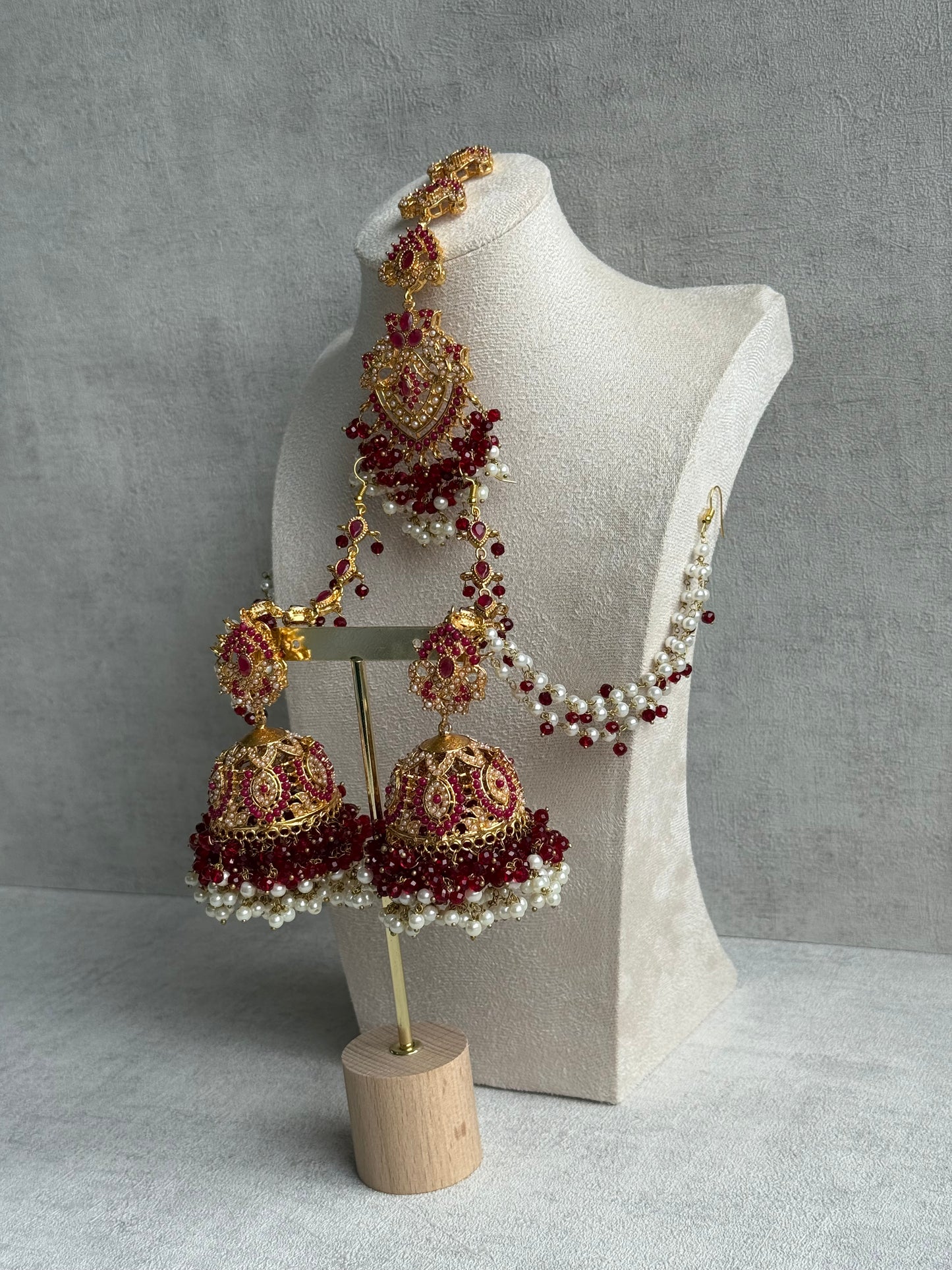 Ayura Designs Safia Tikka Set with Sahare Earrings – Ruby Red Beads & Pearls