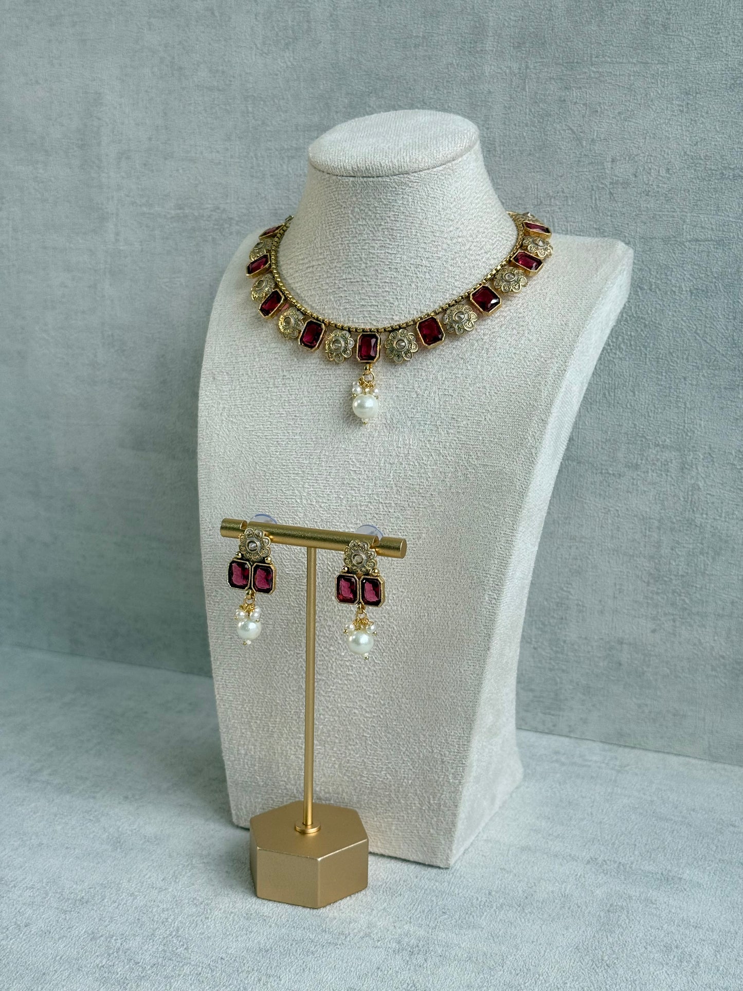 Ayura Designs Padma Necklace Set with Earrings – Rani Pink Stones with Pearl Drop Detailing