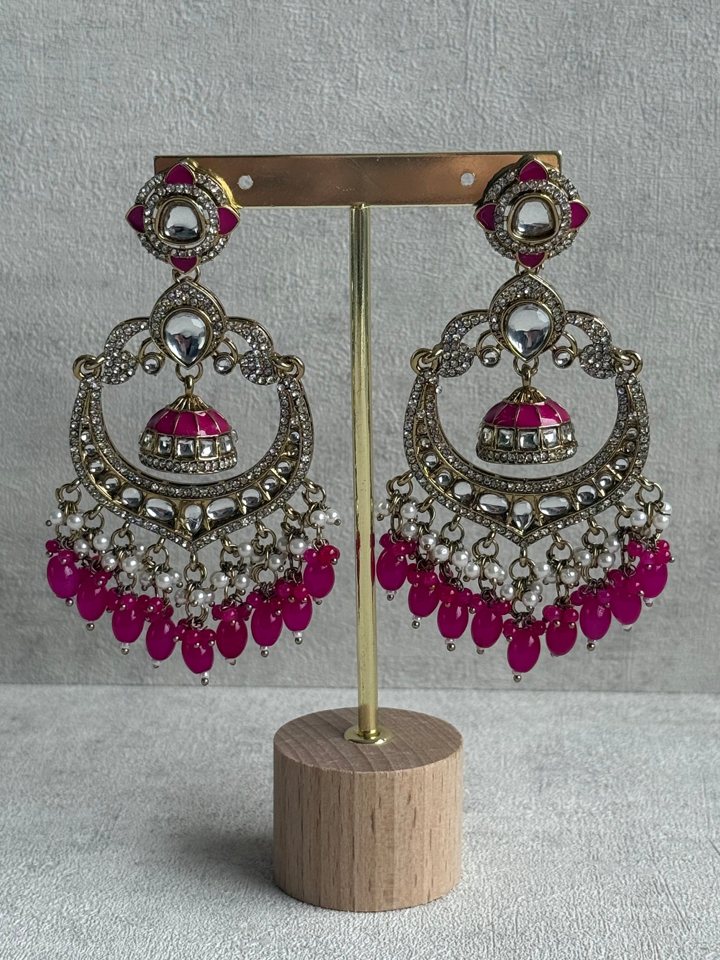 Ayura Designs Reha Earrings – Statement Chandbalis with Hot Pink Beads, Pearls & Mirror-Cut Stones