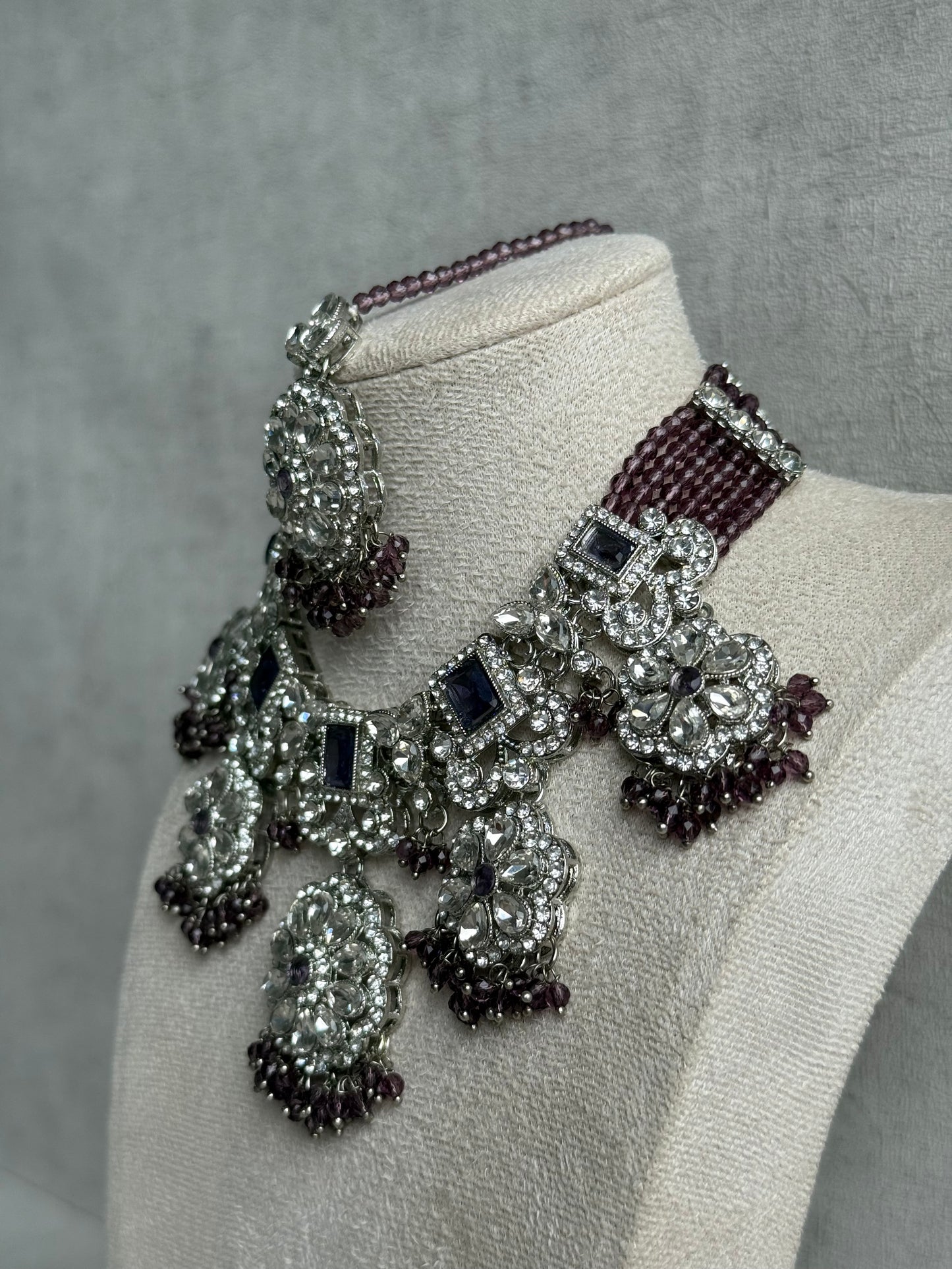 Ayura Designs Zarghuna Set with Jhumkis & Tikka – Mauve Beads, Mirror-Cut Stones & Silver Finish