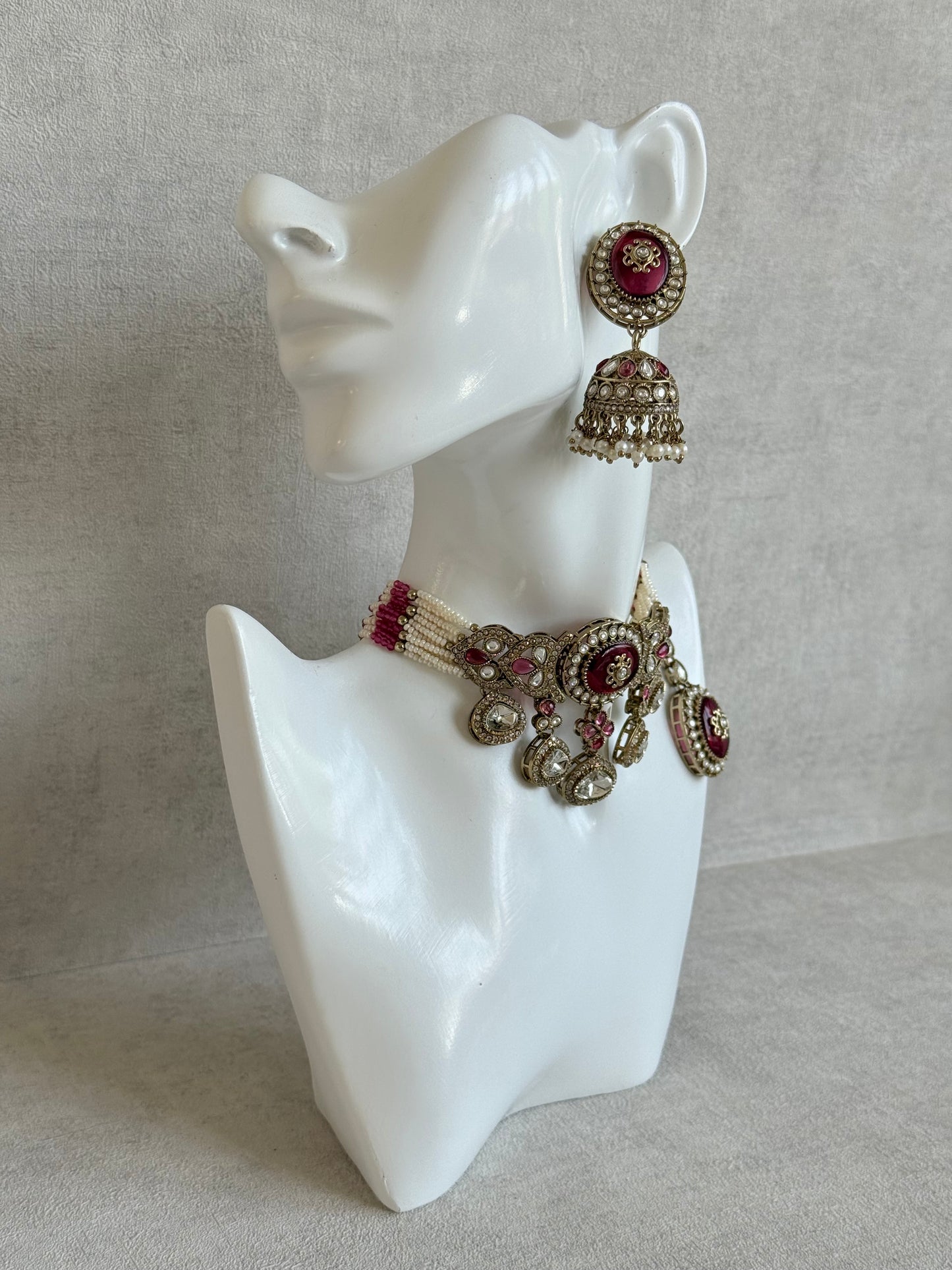Ayura Designs Myra Choker Set with Earrings & Tikka – Ruby Pink Kundan & Pearl Detailing