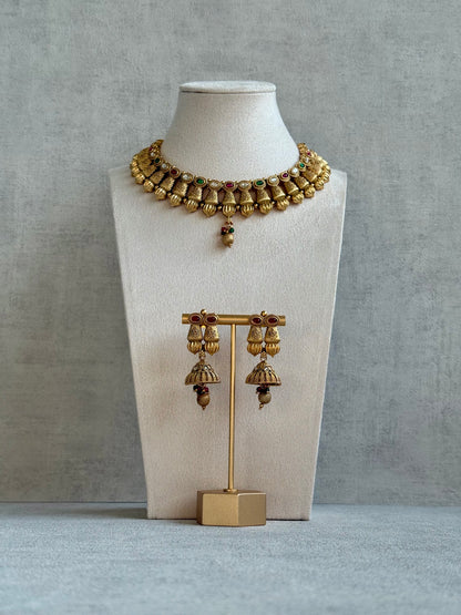 Ayura Designs Aima Necklace Set with Earrings – Antique Gold with Rani Pink & Emerald Green Stones