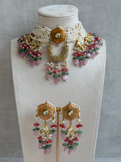 Ayura Designs Elizaar Meenakari Kundan Choker Set with Earrings – Blush Pink & Emerald Green Bead Detailing
