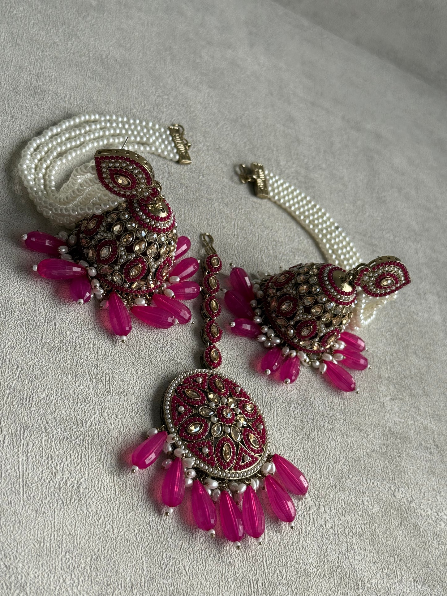 Ayura Designs Amrita Set – Jhumkis with Sahare & Tikka in Hot Pink Beads, Pearls and Antique Gold Finish