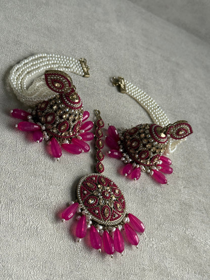 Ayura Designs Amrita Set – Jhumkis with Sahare & Tikka in Hot Pink Beads, Pearls and Antique Gold Finish