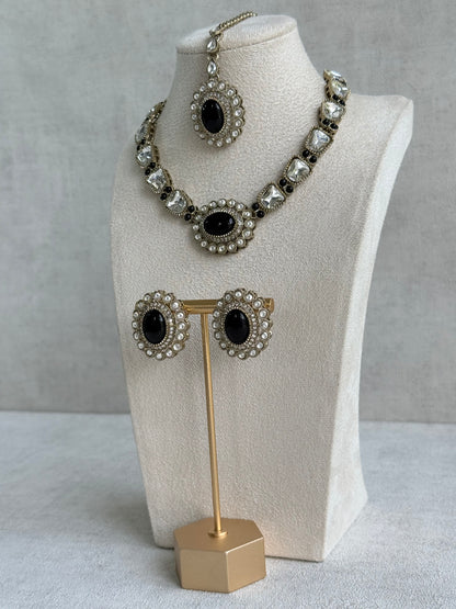 Ayura Designs Inza Necklace Set – Black Stones, Kundan & Crystals with Antique Gold Finish