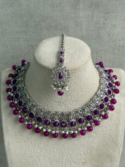 Ayura Designs Rayal Set – Silver Necklace, Jhumkis & Tikka with Amethyst Purple Stones & Pearl Detailing