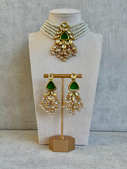 Ayura Designs Elina Set – Pearl Choker & Earrings with Green Stone Centerpiece and Kundan Detailing