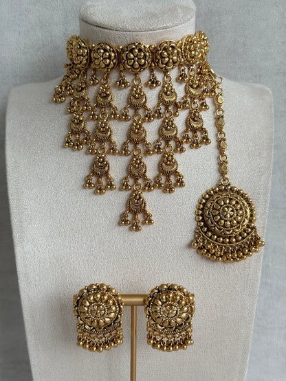 Ayura Designs Kimaya Choker Set with Earrings & Tikka – Gold Floral Waterfall Choker with Ghungroo Drops