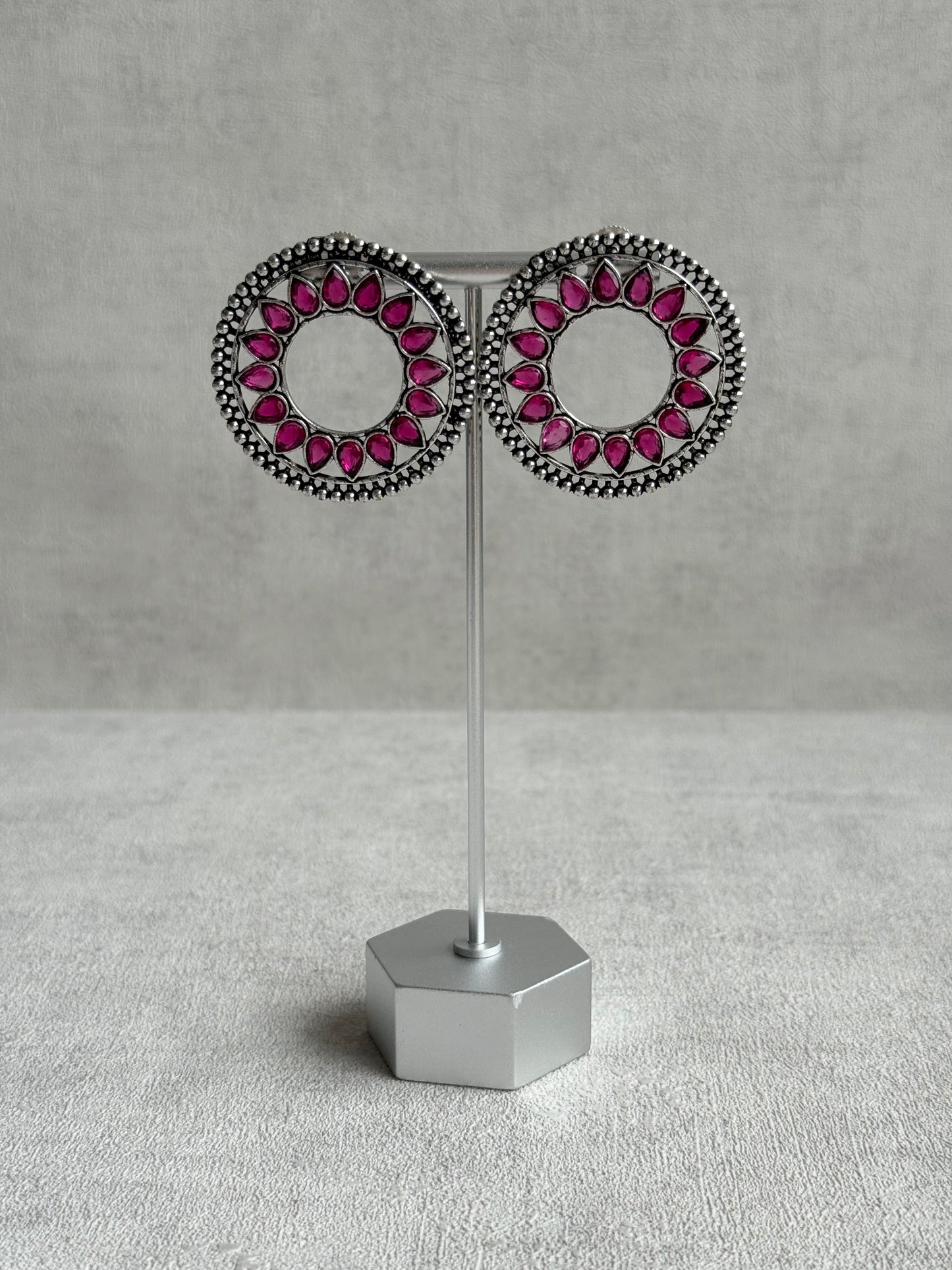 Ayura Designs Kesar Studs – Statement Oxidised Stud Earrings with Fuchsia Pink Stones