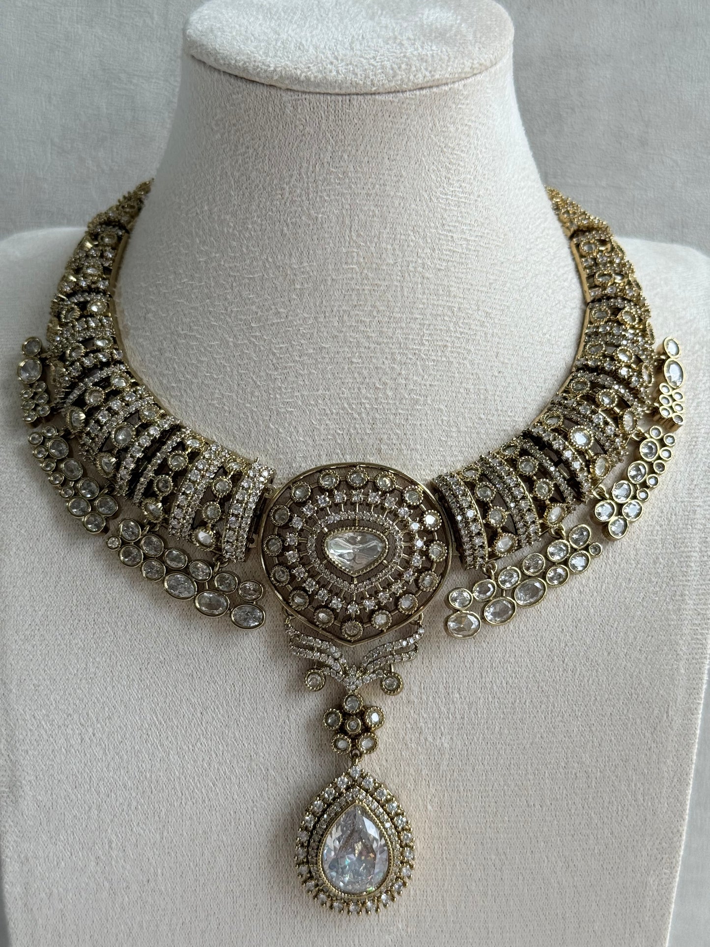 Ayura Designs Ahana Necklace Set with Earrings – Crystal Teardrop Stones & Moissanite Detailing