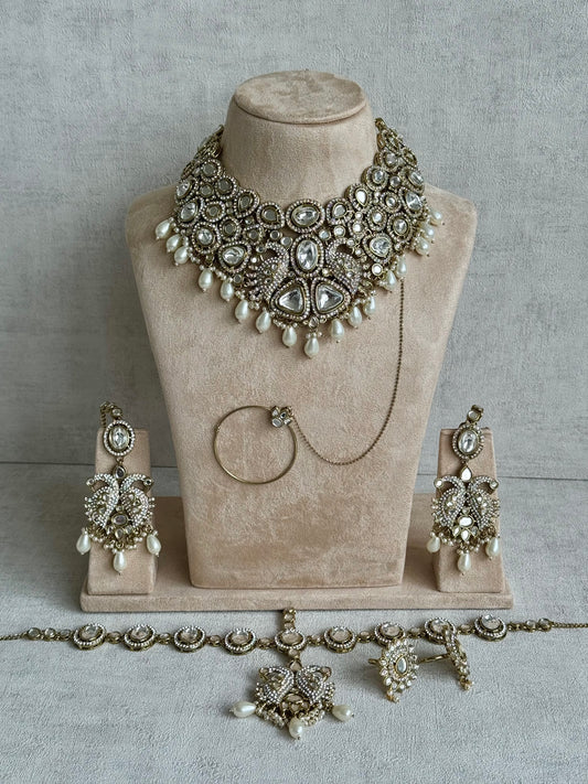 Ayura Designs Tajdar Bridal Set with Necklace, Jhumkis, Tikka, Nath, Ring & Sheeshphool – Jadau Kundan Craftsmanship with Mirror-Cut Polki, Ivory Pearl Drops & Antique Silver-Gold Finish