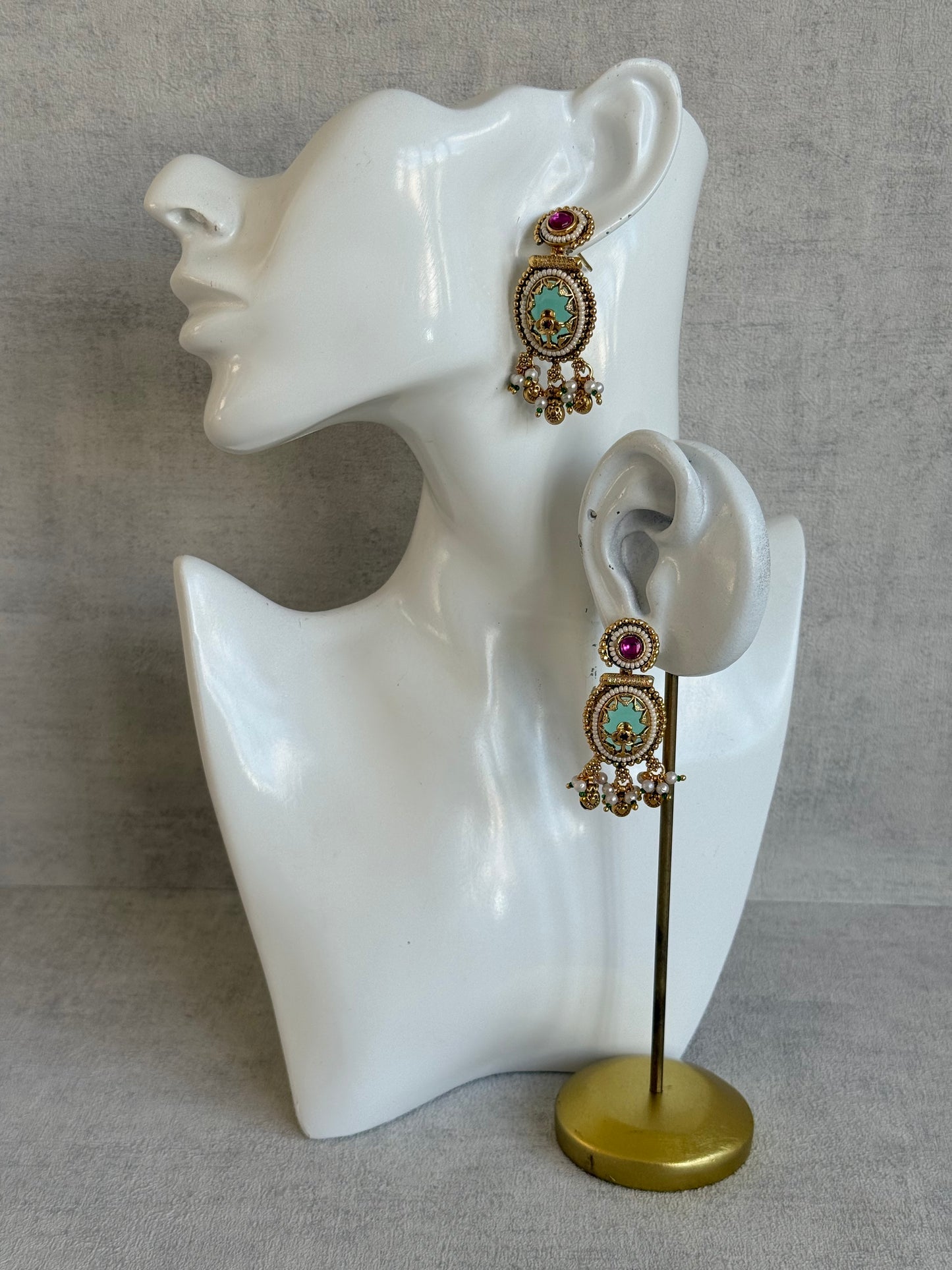 Ayura Designs Enjal Earrings – Mint Green Enamel, Pearl Beading, Pink Stone & Gold Finish