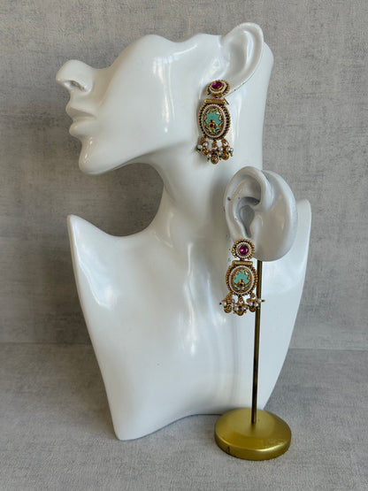 Ayura Designs Enjal Earrings – Mint Green Enamel, Pearl Beading, Pink Stone & Gold Finish