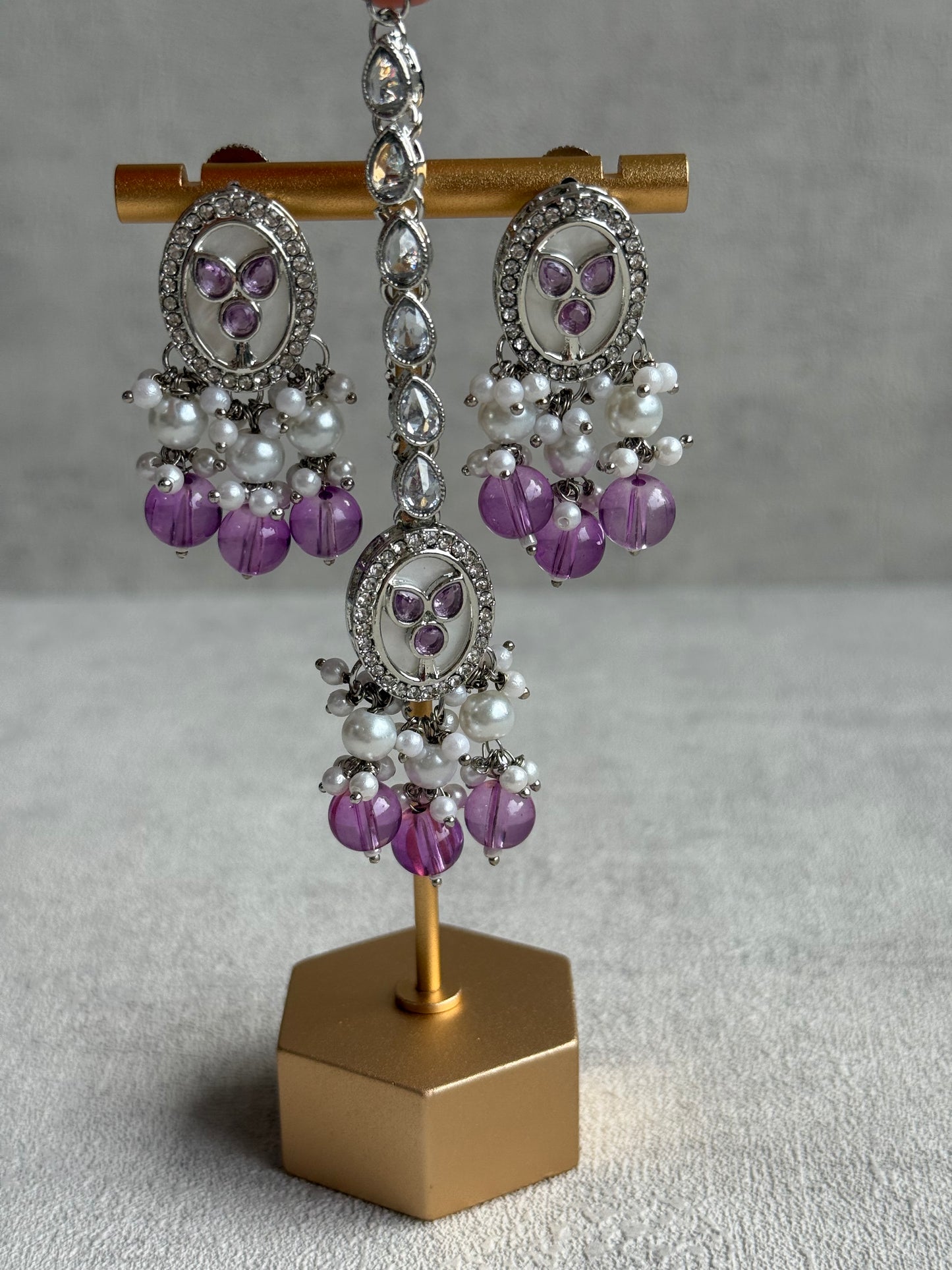 Ayura Designs Linza Set – Necklace, Earrings & Tikka in Lilac & Pearl with Silver Finish