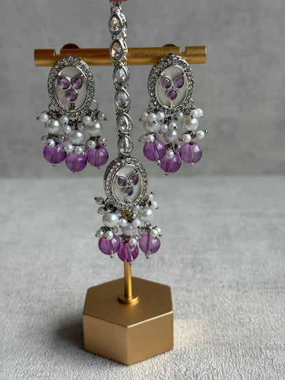 Ayura Designs Linza Set – Necklace, Earrings & Tikka in Lilac & Pearl with Silver Finish