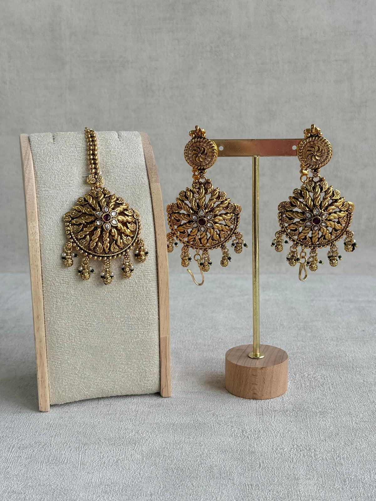Ayura Designs Survi Tikka Set with Sahare Earrings – Antique Gold with Kundan, Pink Stones, Ivory & Green Beads