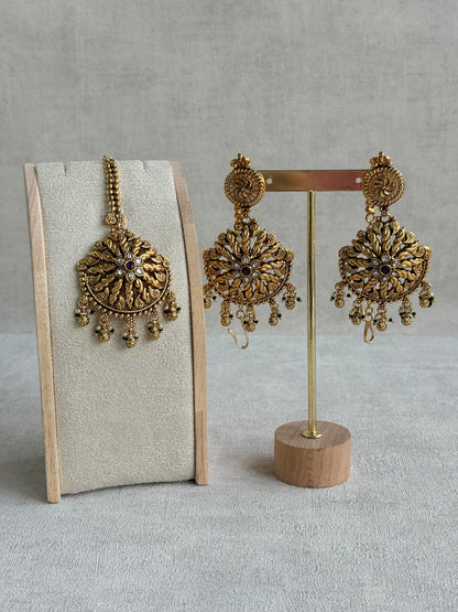 Ayura Designs Survi Tikka Set with Sahare Earrings – Antique Gold with Kundan, Pink Stones, Ivory & Green Beads