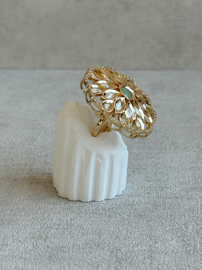 Ayura Designs Elisa Adjustable Ring – Moissanite Floral Ring with Mint Green Centre & Crystal Border