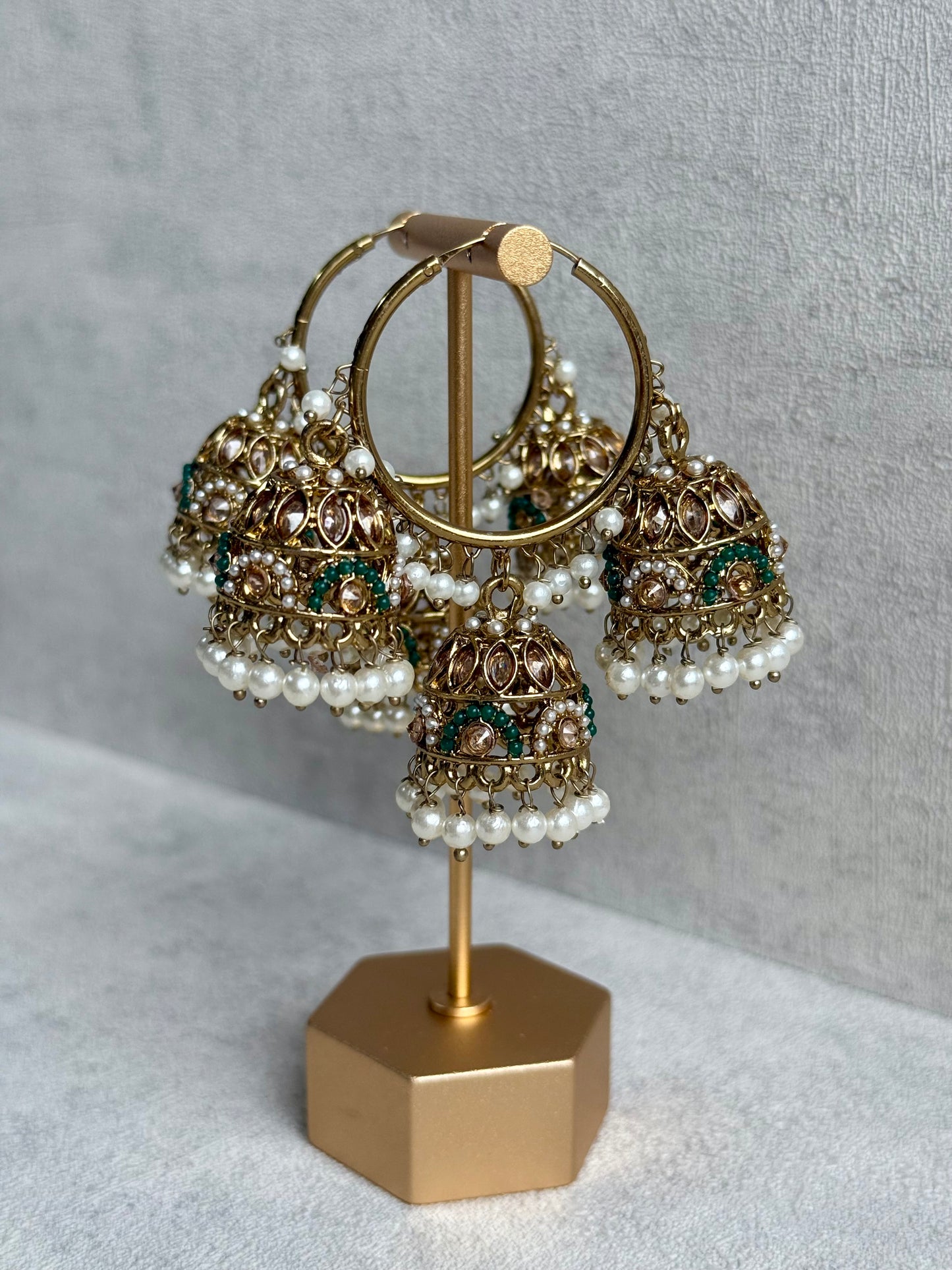 Ayura Designs Nakhra Balis – Ivory Triple Dome Earrings with Pearl Clusters & Mirror-Cut Detailing