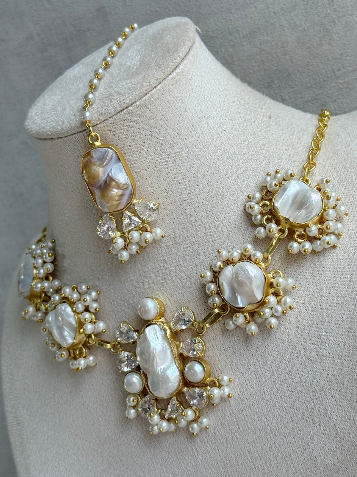 Ayura Designs Niamh Set with Tikka & Earrings - Baroque Pearl, Mother of Pearl & Crystals