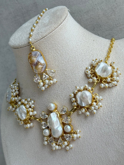 Ayura Designs Niamh Set with Tikka & Earrings - Baroque Pearl, Mother of Pearl & Crystals