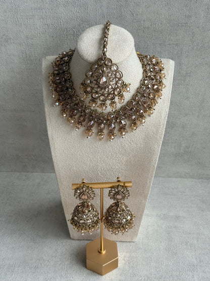 Ayura Designs Emaan Set with Jhumkis & Tikka – Champagne Stones, Antique Gold Finish & Crystal Detailing