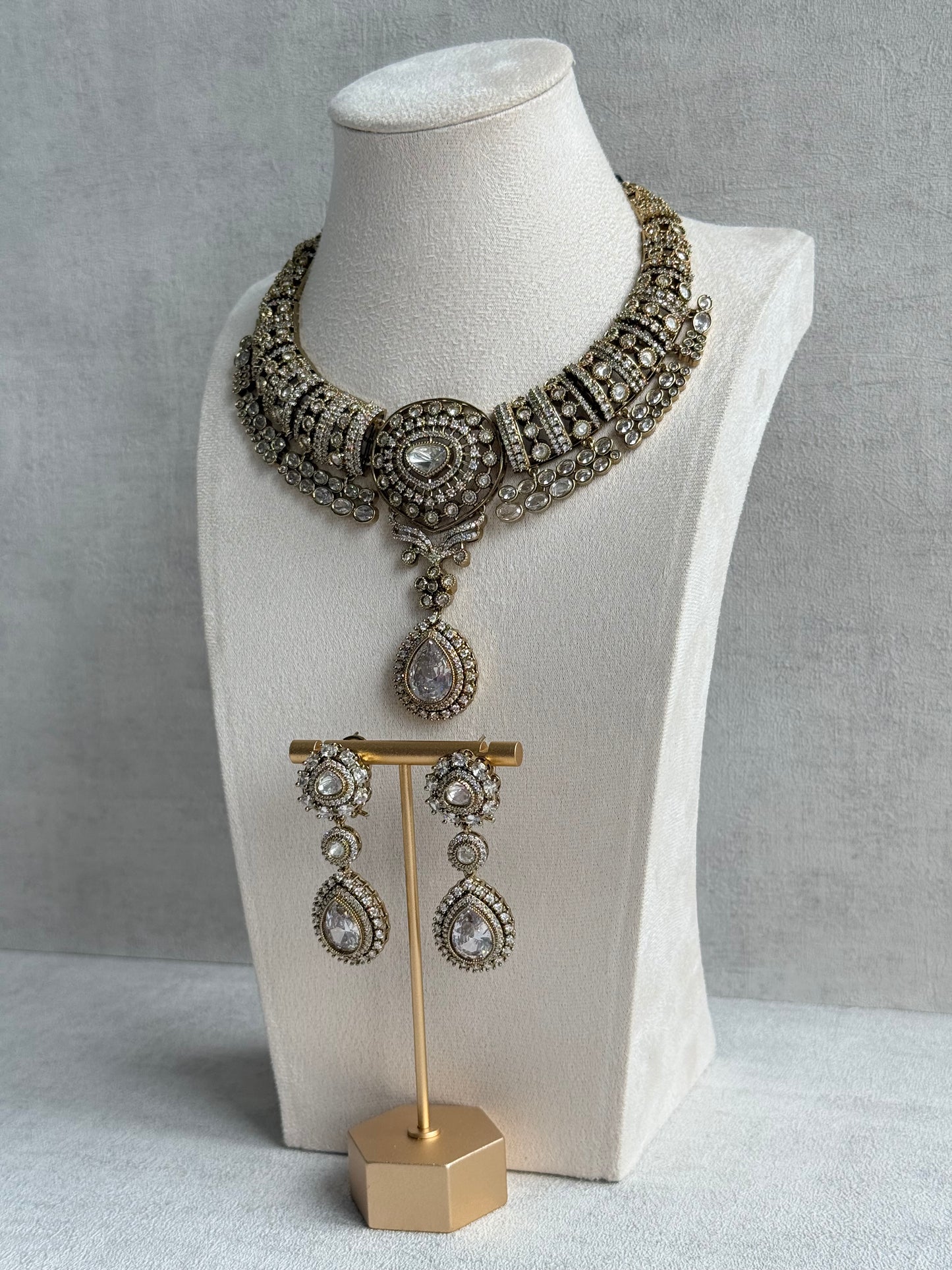 Ayura Designs Ahana Necklace Set with Earrings – Crystal Teardrop Stones & Moissanite Detailing