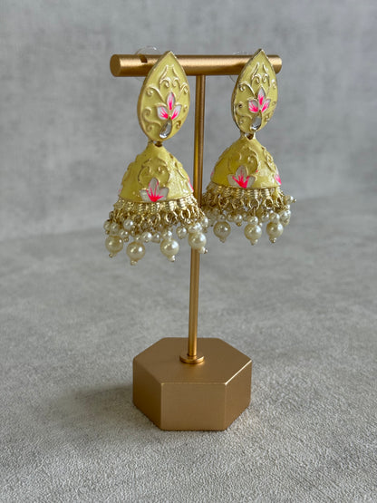 Ayura Designs Gia Jhumkis – Butter Yellow Meenakari with Pink Lotus Motifs & Ivory Pearl Drops