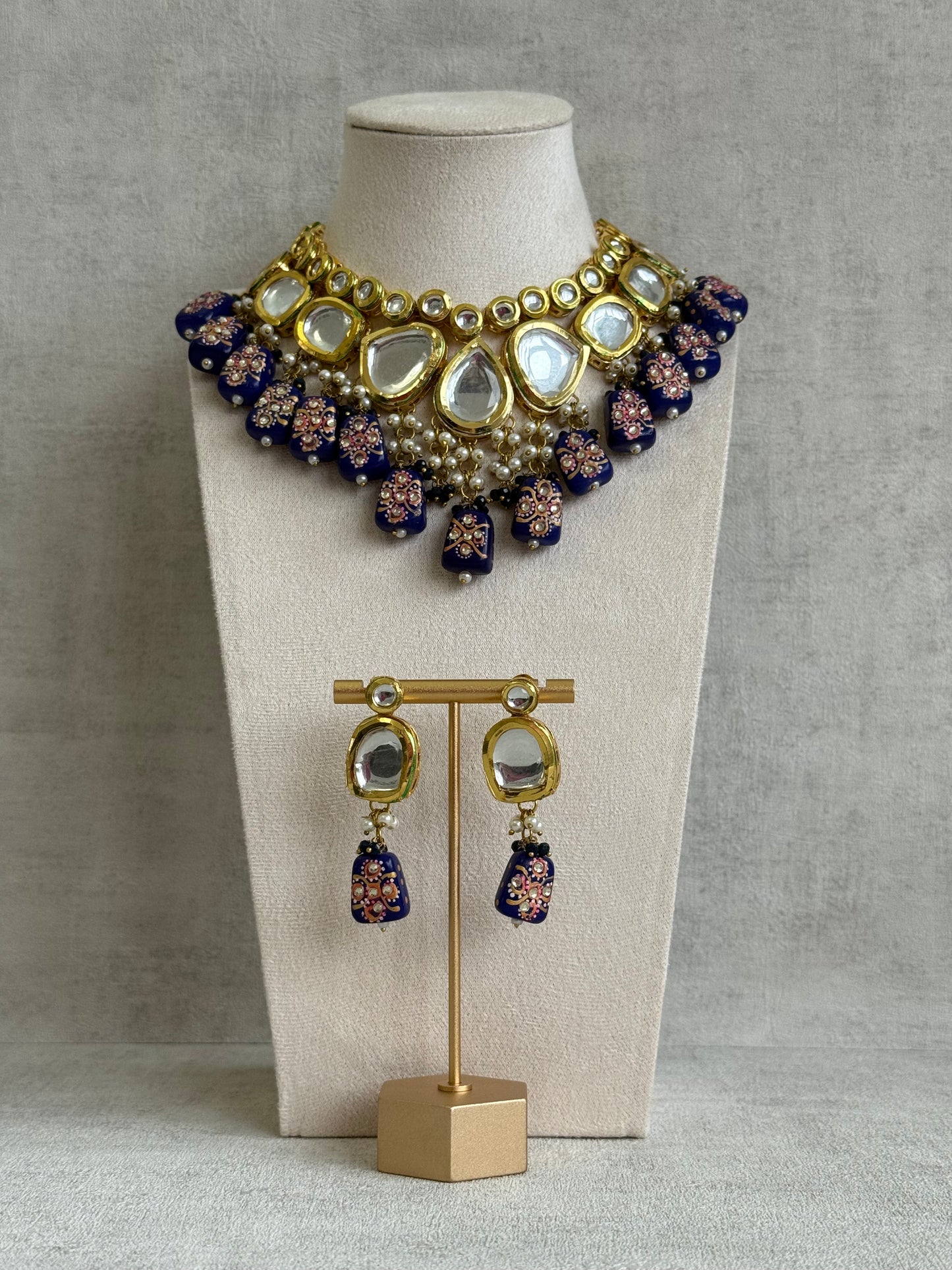 Ayura Designs Omika Set With Necklace And Earrings – Kundan Stones And Navy Blue Meenakari Drops
