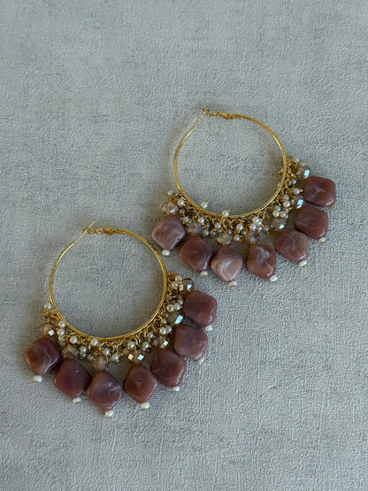 Ayura Designs Heer Balis – Gold Hoops with Dusty Rose Marble Beads, Pearls & Crystal Detailing