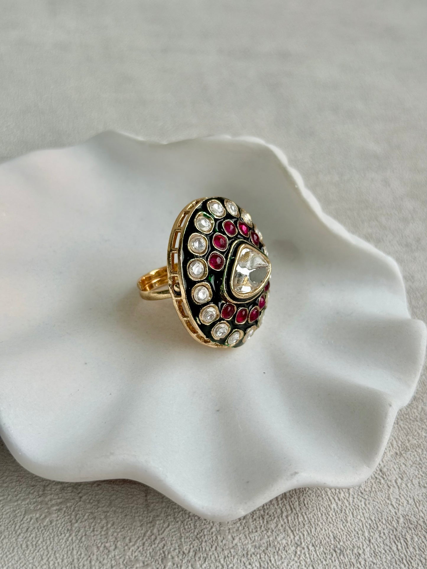 Ayura Designs Firdos Adjustable Ring – Mirror-Cut Stone Statement Ring with Green Enamel & Ruby Pink Detailing