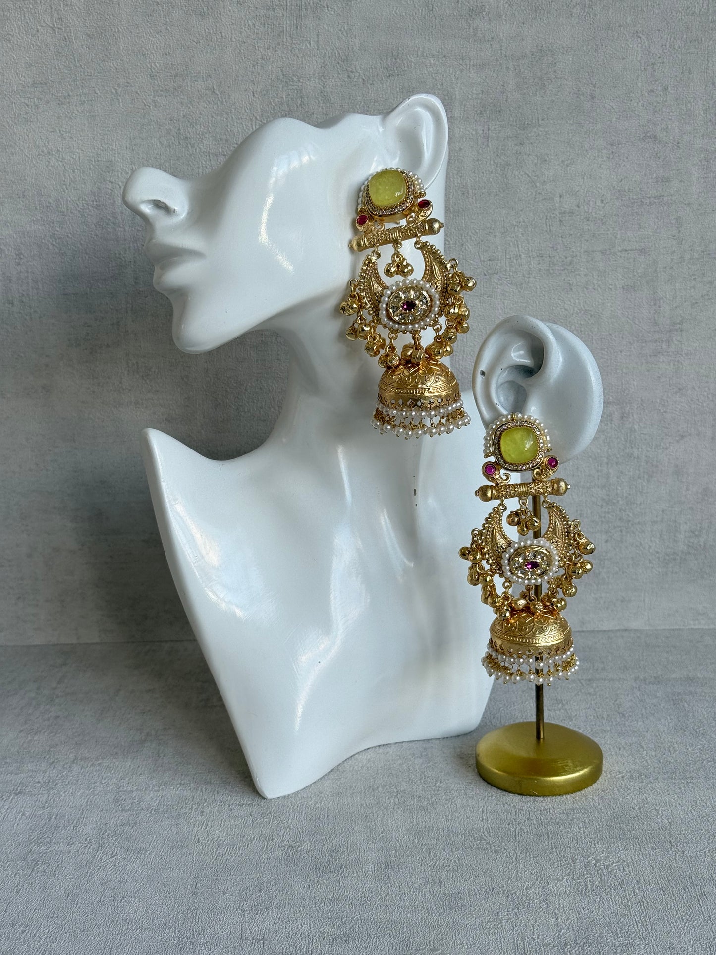 Ayura Designs Mahwish Jhumkis – Lime Yellow Stones, Pearls & Ghungroo Detailing