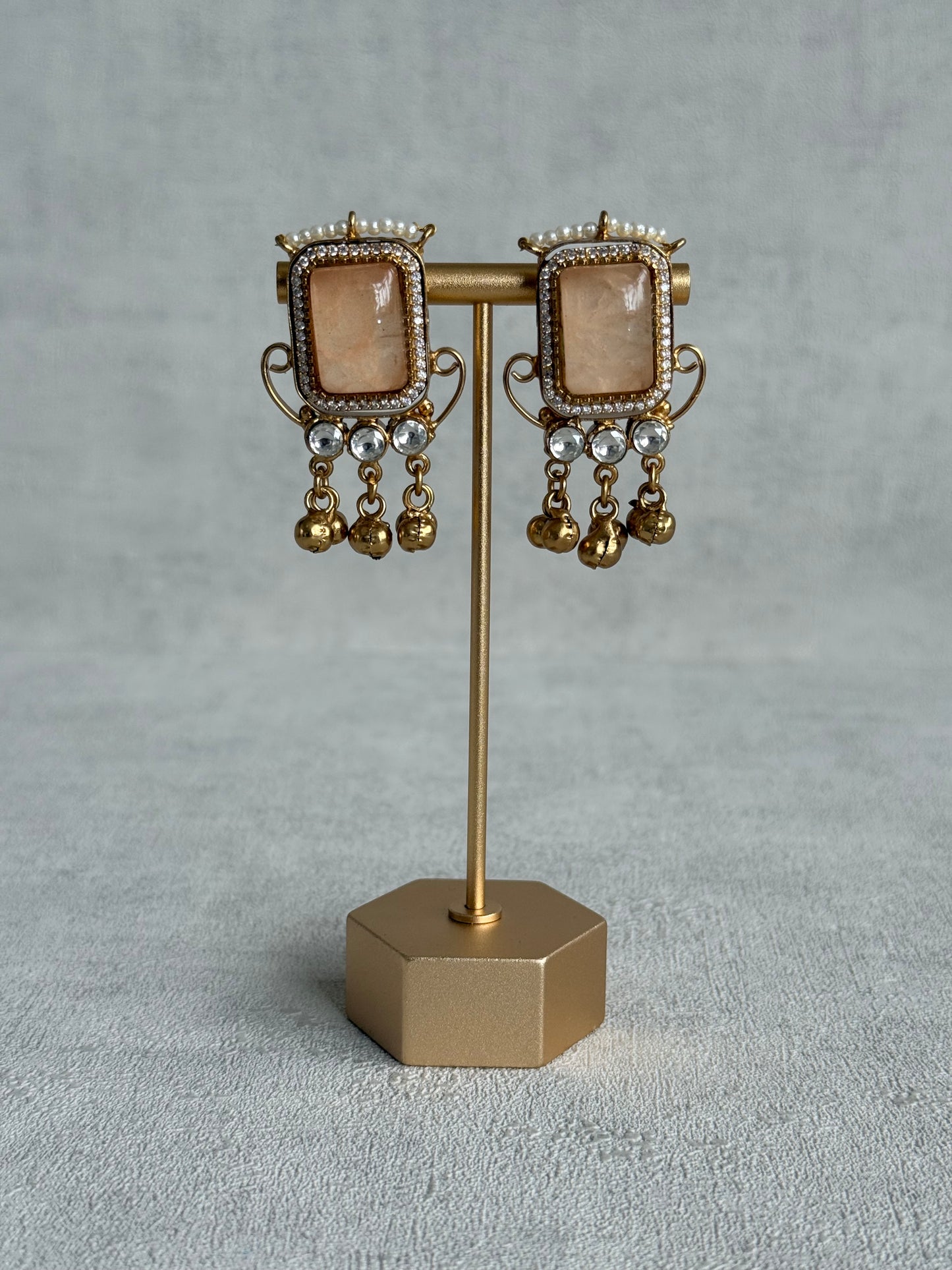 Ayura Designs Aleena Earrings – Champagne Stone Stud Earrings with Pearls & Ghungroo Detailing